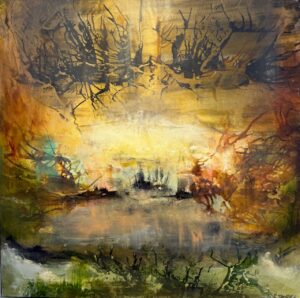 Abstrakt maleri i varme gyldne nuancer – Moment in Time af Charlotte Tønder