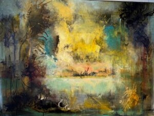 Abstrakt maleri i gyldne og turkise nuancer, Magic Place af Charlotte Tønder