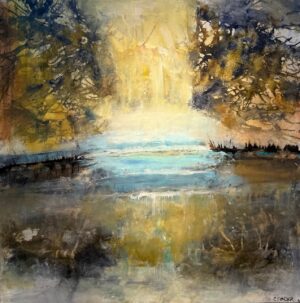 The Light er et stemningsfuldt abstrakt maleri, hvor et blødt, lysende centrum bryder gennem dybere jord- og blågrønne nuancer.
Kontrasten mellem lys og mørke skaber en rolig, næsten meditativ stemning.
Værket inviterer beskueren ind i et åbent rum fyldt med refleksion og håb.