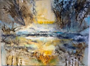 Maleri af Charlotte Tønder med vinter-landskab i dæmpede blå og hvide toner, akryl på lærred. Mål - 90 x 120 cm